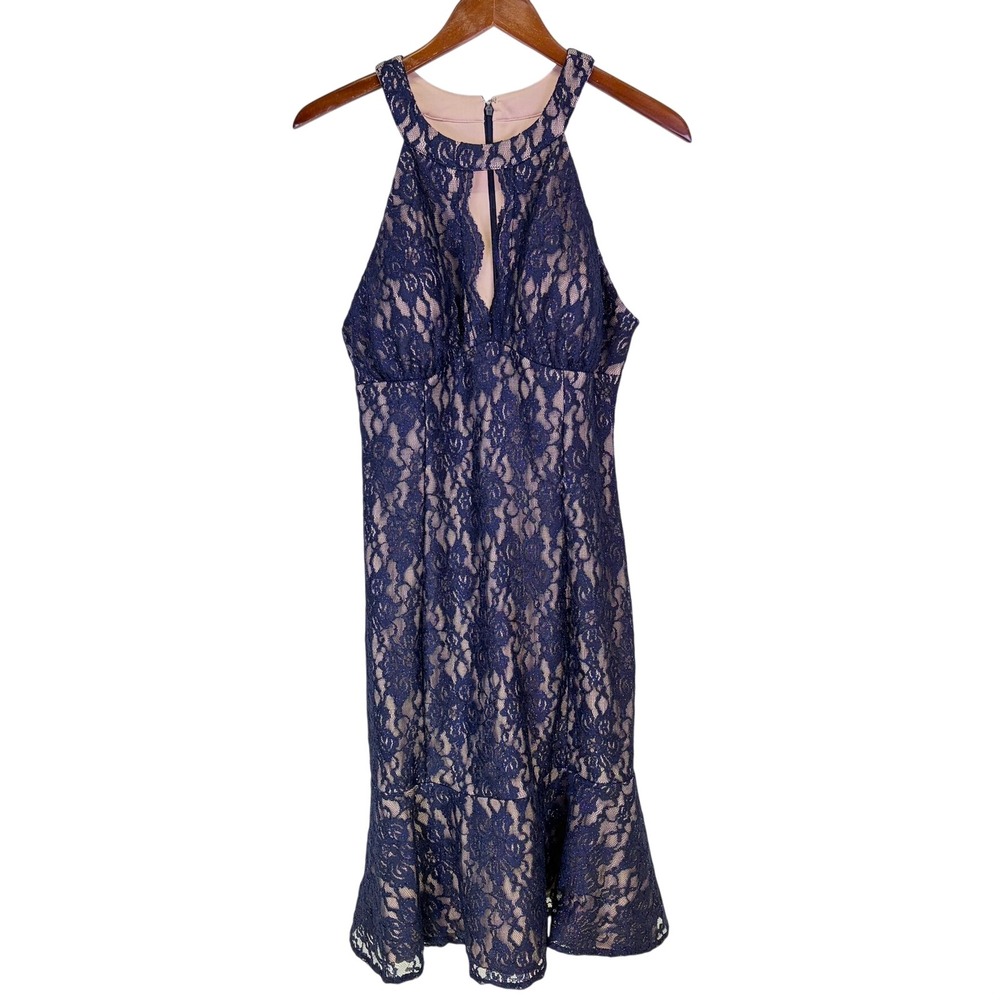 Nightway Lace Cocktail Dress Womens Size Small Navy‎ Blue Halter Neck Bridesmaid